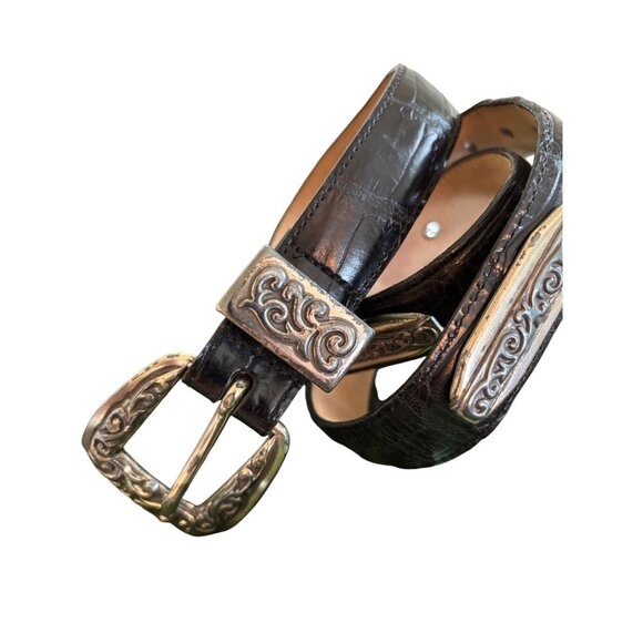 Brighton Embossed Black Leather Belt With Silver-Toned Scroll Buckle Women - Picture 2 of 13